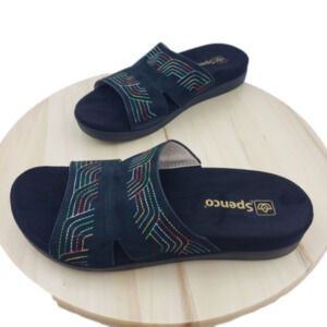 SPENCO Slide Sandals Women's 9 Twilight Black Leather Rainbow Embroidery Comfort